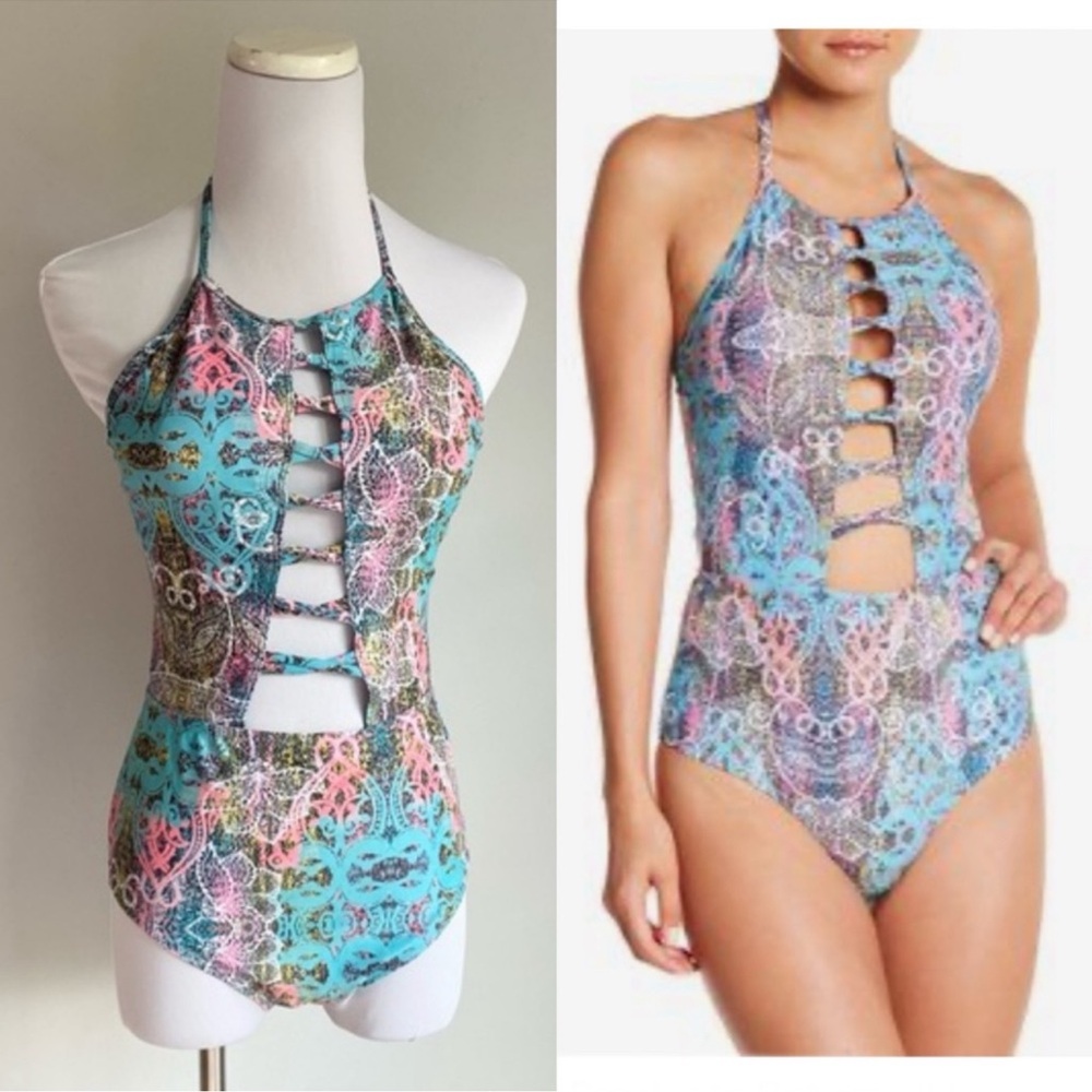 YMI Blue Multicolored Boho Lace Up Halter One Piece Swimsuit